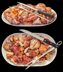 Fresh Spit Roasted Pork Meat Slices Offered on Porcelain Tray With Carving Knife and Serving Fork Isolated on Black Background