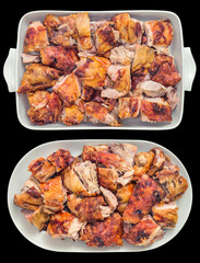 Fresh Spit Roasted Pork Meat Slices Served in Ceramic Casserole Pan and on Oblong Porcelain Tray Top View Isolated on Black Background