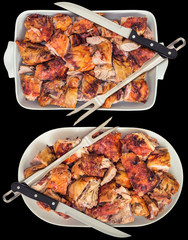 Fresh Spit Roasted Pork Meat Slices Offered in Ceramic Casserole Pan and on Porcelain Platter With Carving Knife and Serving Fork Isolated on Black Background