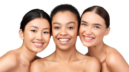 Three Multiracial Models Posing Smiling On White Studio Background, Panorama