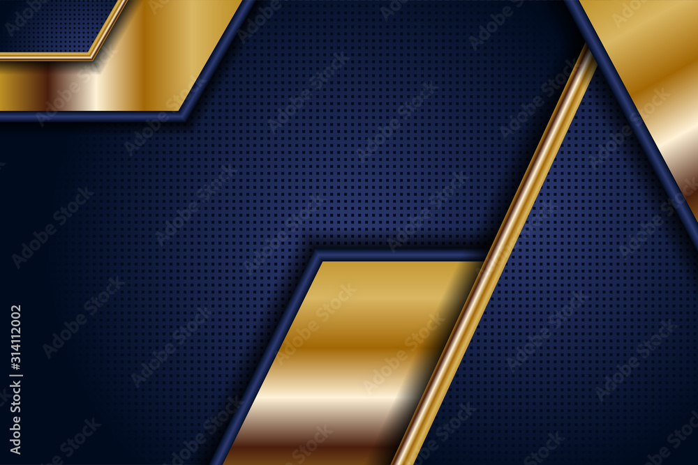 Poster gold blue abstract background with overlap layers. paper texture with golden element decoration. dar