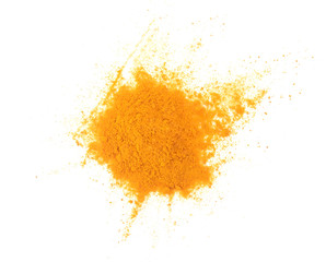 Turmeric (Curcuma) powder pile isolated on white background, top view
