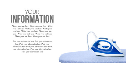 Blue iron on ironing board on a white background isolation, space for text