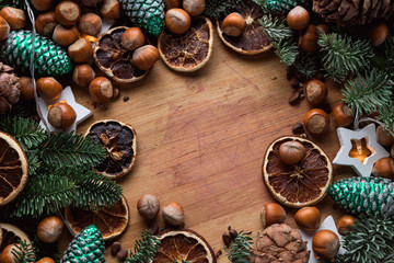 decorations for the new year and Christmas. the branches of trees, garlands, Christmas decorations, dried citrus.