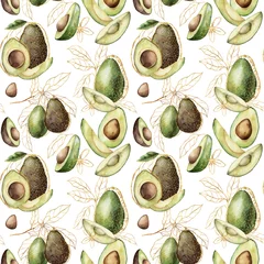 Foto op Plexiglas Avocado Aquarel zomer naadloze patroon met lineaire avocado en bladeren. Handgeschilderde tropische gouden vruchten geïsoleerd op een witte achtergrond. Floral elegante illustratie voor ontwerp, print, stof, achtergrond.