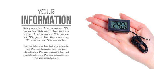Temperature sensor display in hand on a white background insulation, space for text