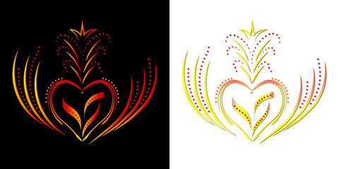 Beautiful golden heart-shaped ornament with patterns on a black and white background. It will look great when printing on t-shirts. And also on banners for Valentine's Day.