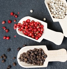 Pepper Peas Different Types against the background of black slate. Pepper Peas-Black, White, Red. copy space. space for text