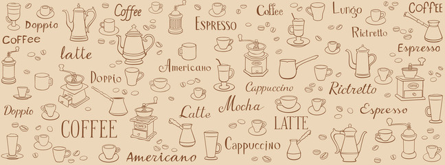 Koffie naadloze patroon. Lineaire tekeningen van kopjes, koffiepotten en koffiemolens. Belettering latte, espresso, ristretto en americano. Ornament voor wikkels, menu& 39 s, behang en keuken