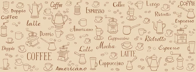 Fototapete Kaffee Kaffee nahtlose Muster. Lineare Zeichnungen von Tassen, Kaffeekannen und Kaffeemühlen. Beschriftung Latte, Espresso, Ristretto und Americano. Ornament für Wrapper, Menüs, Tapeten und Küche