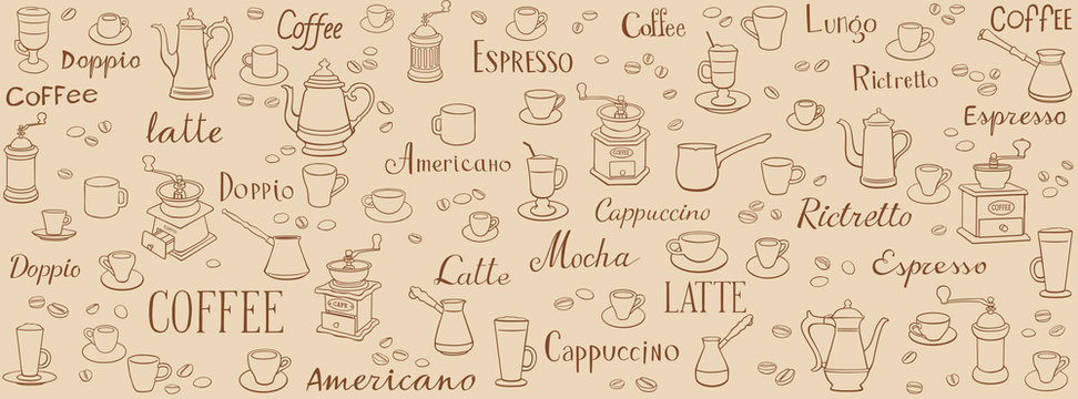 Coffee seamless pattern. Linear drawings of cups, coffee pots and coffee grinders. Lettering latte, espresso, ristretto and americano. Ornament for wrappers, menus, wallpapers and cuisine © Евгений Казанцев