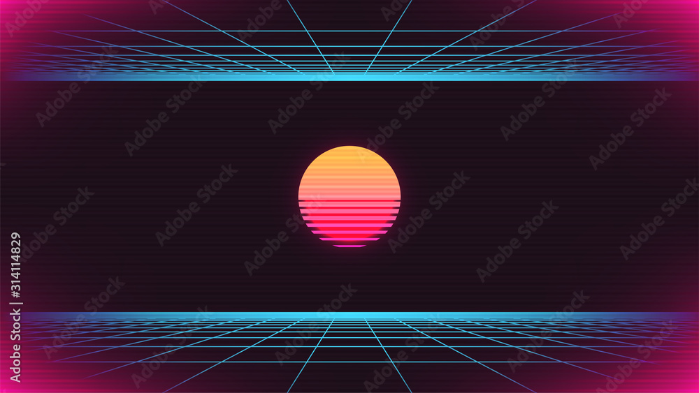 Aufkleber synthwave abstract background. retro future 80s backdrop. sun with perspective grids. synthwave part