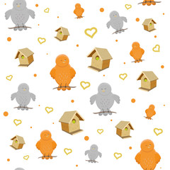 Seamless pattern with orange and grey birds on white background. Cute birds, birdhouses, hearts illustrations. Cartoon style. Vector childish design. Prints, textile kids design. Kid fabric prints.