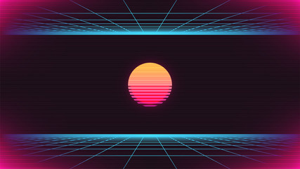 Synthwave abstract background. Retro future 80s backdrop. Sun with perspective grids. Synthwave party flyer, cover, poster, banner, print template. Stock vector illustration - obrazy, fototapety, plakaty