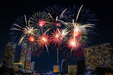 Fototapeta na wymiar fireworks night city Bangkok Thailand.