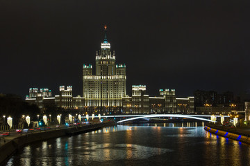 A night view of soviet high-rise building in Moscow