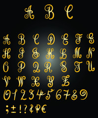 Big golden english alphabet contains uppercase letters, numbers, signs.  characters on textured background. Concept for print, invitation ,menu 