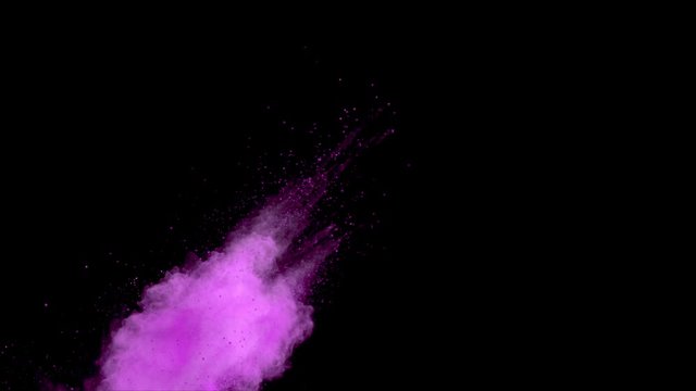 Realistic pink powder explosion on black background. Slow motion movement with acceleration in the beginning.