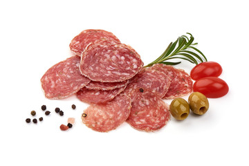 Cured salami with fennel seeds, Italian traditional sausage, isolated on white background