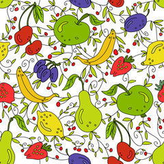 Doodle color vector seamless pattern with fruits on white background.  Great for decoration of food packaging, fabric design, wrapping papers.