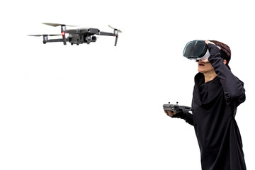 woman spy in 360 virtual reality headset playing game with drone isolated on white background. 3D device gadget for watching movies for travel and entertainment in 3d space. Cardboard VR AR glasses