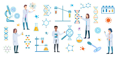 Set of DNA and medical science researchers, microbiologists or chemists in white lab coats with assorted scientific and atomic symbols and equipment conducting experiments, vector illustration