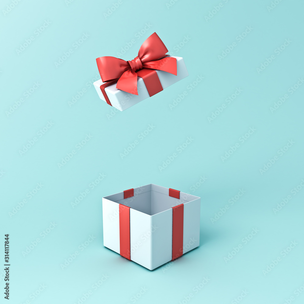Poster Gift box or open present box with red ribbon and bow isolated on cyan green pastel color background with shadow 3D rendering
