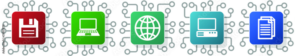 Poster Set of computer, notebook and globe icons for webdesign and mobile applications, cpu, chip concept vector illustration