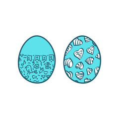 Easter eggs are painted with hearts and Doodle elements in a linear style, isolated hand-drawn eggs on a white background.