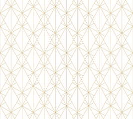 Goldmuster. Vektor geometrische Linien nahtlose Textur. Goldenes Ornament mit zartem Gitter, Gitter, Netz, Sechsecken, Dreiecken, Rauten, dünnen Kreuzlinien. Luxuriöser abstrakter wiederholbarer grafischer Hintergrund