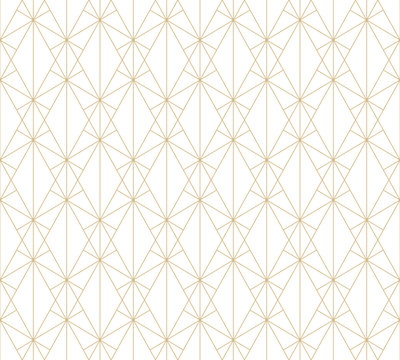 Gold pattern. Vector geometric lines seamless texture. Golden ornament with delicate grid, lattice, net, hexagons, triangles, rhombuses, thin cross lines. Luxury abstract repeatable graphic background