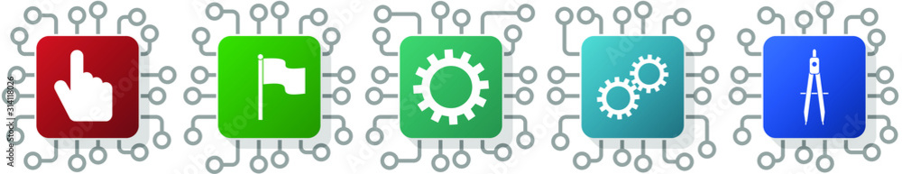 Poster set of hand, flag, cogwheel and compass icons for webdesign and mobile applications, cpu, chip conce