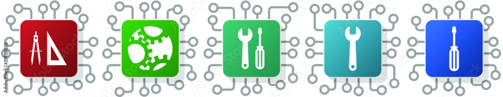 Aufkleber set of tools, screwdriver, spanner and technology icons for webdesign and mobile applications, cpu, 