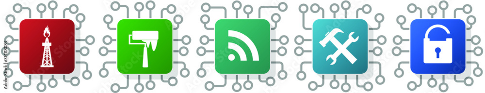 Poster set of oil, gas, tools and wifi icons for webdesign and mobile applications, cpu, chip concept vecto