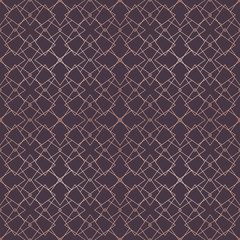 Fototapeta na wymiar Rose gold geometric seamless pattern. Vector metallic copper lines on purple background. Golden ornament with delicate grid, lattice, net, lace. Abstract graphic texture. Luxury repeatable design