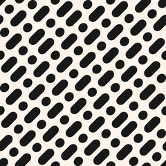 Vector minimalist monochrome seamless pattern. Simple geometric background with diagonal rounded lines, circles, dots. Abstract black and white texture. Stylish modern repeat design for decor, print