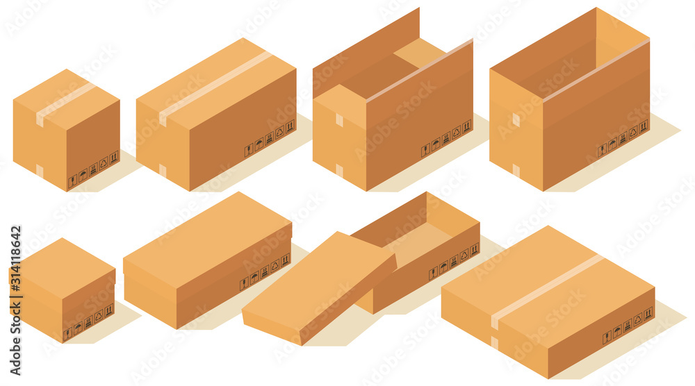 Poster set of isometric cardboard boxes. realistic open and closed packaging in different sizes. images wit