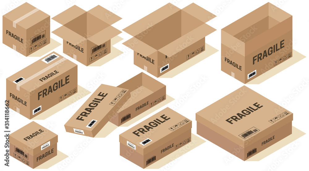 Poster set of isometric cardboard boxes. realistic open and closed packaging in different sizes. images wit