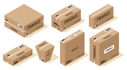 Set of isometric cardboard boxes. Realistic open and closed packaging in different sizes. Images with postage stamps and word Fragile. Isolated on white background. Vector illustration