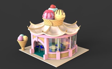 Isometric ice cream parlor or shop store building