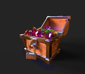 3d icon. Chest with diamonds on a dark background. 3d render.