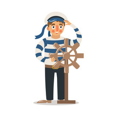 Man sailor standing and controlling steering wheel vector illustration