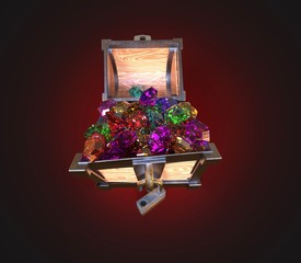 3d icon. Chest with diamonds on a dark background. 3d render.