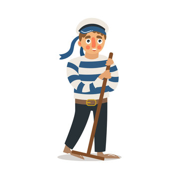 Man Sailor Standing And Scrubbing Deck With Mop Vector Illustration