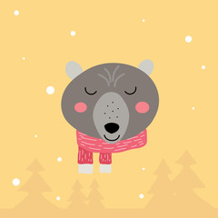 Children's illustration with a bear in a winter forest - 314119617