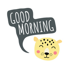 Children's illustration with a leopard shouting good morning - 314119631