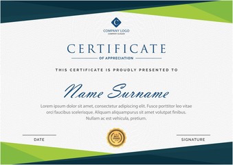 Green and blue Certificate of Appreciation template.Trendy geometric design. Layered eps10 vector.