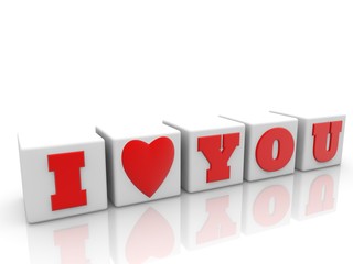 I love you on white toy blocks in red