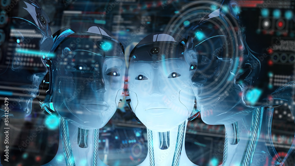 Poster group of female robots heads using digital hologram screens 3d rendering