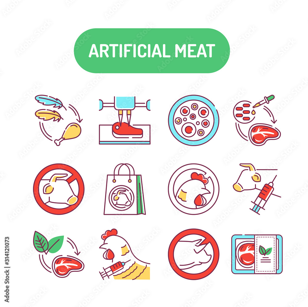 Poster artificial meat color line icons set. cultured meat. meat grown in cell culture instead of inside an